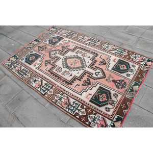 Turkish Vintage Rug, 4.3x6.6 ft Rug, <b>Brown</b> Pink Moroccan <b>Wool</b> Rug - Product Image 2