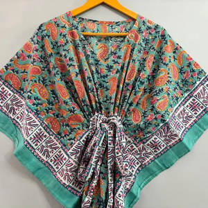 100% algodón Maxi Beach Coverup Top naranja Paisley estampado caftán hasta el suelo ropa de dormir informal cintura Natural bloque estampado elegante - Product Image 1