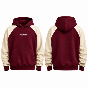 Sweat-shirt décontracté surdimensionné pour homme, couleur bordeaux crème, à manches raglan, avec poche kangourou et doublure polaire contrastante, personnalisable - Product Image 1