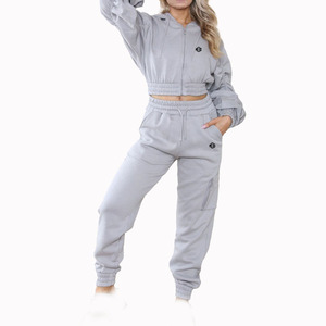 Ensemble jogging et sweat à capuche zippé pour femme, manches froncées, polaire doux, deux pièces, vêtements décontractés streetwear, production - Product Image 3
