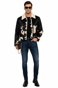 New Arrival Brown And <b>White</b> Cow Hair On Leather Biker Style men <b>Jacket</b> Trucker <b>Denim</b> Style leather <b>jacket</b> for men - Product Image 5