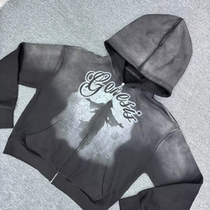 OEM Y2K Streetwear Custom Acid Stone Wash Distressed Zip-up Hoodie para hombres Oversized Vintage Digital Rhinestone Terry para otoño - Product Image 1