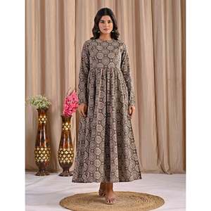 ชุดเดรสอานาร์กาลีผ้าฝ้ายสีเบจพิมพ์ลายด้วยมือแบบปากีสถาน ผ้าจอร์เจตต์สไตล์อินเดีย ซารี ซัลวาร์ คามีซ วิธีการพิมพ์ลายด้วยมือ - Product Image 3