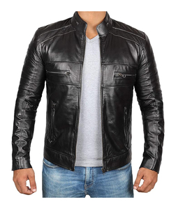 เสื้อแจ็กเก็ตหนังเทียมแท้ของผู้ชายแบบเข้ารูปพอดีตัวสีดำผ้าเชอร์ปามีฮู้ดคอเสื้อพร้อมการตกแต่งขนสัตว์สำหรับนักขี่มอเตอร์ไซค์ - Product Image 2