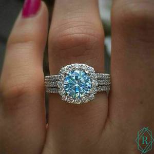 1,50 CT azul intenso corte redondo Halo anillo de compromiso Moissanite anillos colección - Product Image 1