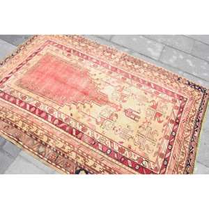 Alfombra turca Vintage 4,4X6,5 pies Rojo Beige Lana Kilim Gran diseño de pasillo rectangular abstracto Látex de 10mm Para áreas grandes - Product Image 4