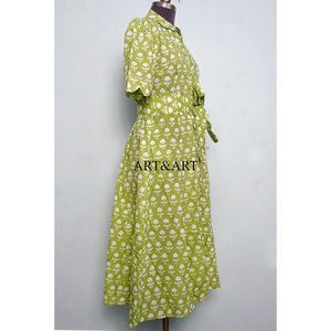 Vestido Midi de Algodón Indio con Estampado a Mano, Cuello en V, para Mujer, Ideal para Fiestas, Mangas Cortas, Corte en A, para Vacaciones de Verano en la Playa - Product Image 5