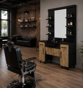 Estación de Trabajo de Barbería Moderna y Lujosa Modelo Decorsall con Espejo Doble, Estantes con Marco de Madera, Encimera de Mármol y Gabinete de Almacenamiento - Product Image 2