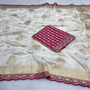 Sari de Seda Dola Pura VASTRA COTTAGE, Tejido Meenakari Zari, Bordado con Cordón y Lentejuelas, para Bodas y Festividades - Product Image 1