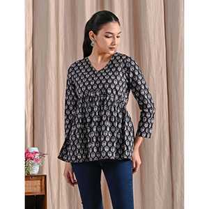 <b>Black</b> Jaipuri Block Printed Cotton Peplum <b>Top</b> Ladies' Long Floral Embroidered Office <b>Tops</b> Asymmetrical Collar Lace Decoration XL - Product Image 4