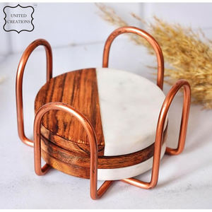 Modern Style Handcrafted <b>Ceramic</b> <b>Coasters</b> White Marble & Mango Wood Classic Style Drinks Holder - Product Image 2