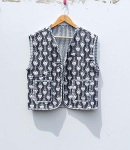 Chaqueta Kantha Acolchada de Algodón para Mujer, Abrigo Corto sin Mangas, Estampado de Estilo Bohemio Hecho a Mano, Informal, Unisex - Product Image 6