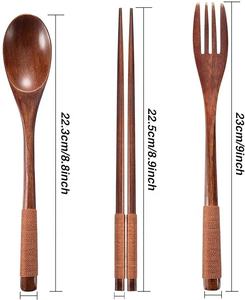 Juego de Cubiertos de Madera Premium Estilo Japonés, Cuchara, Tenedor y Palillos de Madera Natural, Antiadherentes, Ecológicos, con Mango Tejido a Mano - Product Image 3