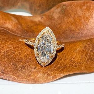 Bague de fiançailles en or massif 14 carats 2.50 ct CVD taille marquise IGI certifié diamant solitaire halo. - Product Image 4