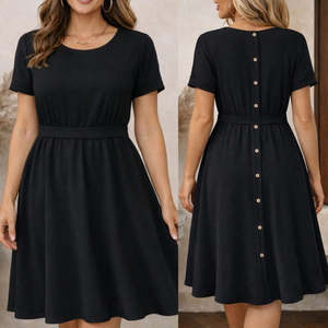 Women's Short Sleeve Round Neck Button-Back <b>Viscose</b> Midi <b>Dress</b>, 32572 - Product Image 2