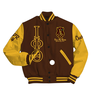 Iota Phi Theta grec 1963 Varsity Jacket Letterman Jacket Brown Gold Fraternity Apparel Premium Campus Outerwear Style - Product Image 1