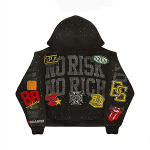 Sudadera con capucha corta para hombre de algodón de 500 g/m² con pedrería, estilo oversize, lavado ácido y efecto desgastado, ideal para invierno. - Product Image 4