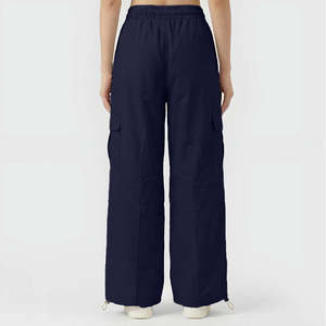 Mile High-Waisted Cargo <b>Trousers</b> in Navy Breathable Canvas Oversized Casual Straight-Leg Style with <b>Elastic</b> <b>Waist</b> Closure - Product Image 2