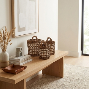 Juego de Cestas de Almacenamiento de Plástico Reciclado con Diseño de Corteza de Plátano Natural, con Rejilla Abierta, Banda Blanca y Asa en Forma de Arco, para Decoración y Arreglos Florales, Diseño Artístico Puro - Product Image 6