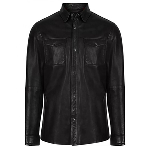 Chemise pour homme en cuir 100% noir, design tendance, teinte unie, coupe-vent, respirante, avec logo sur le devant - Product Image 5