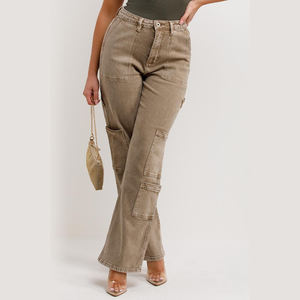 กางเกงยีนส์ซักลายกรดสำหรับผู้หญิงสีน้ำตาลแบบแบนสีน้ำตาลทันสมัย2025ออกแบบได้ตามต้องการสำหรับฤดูร้อน - Product Image 1