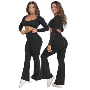 ชุดออกกำลังกายแขนยาวของผู้หญิงชุดครอปท็อปรัดรูปกางเกงเลกกิ้งปลายบานเสื้อกั๊กสำหรับออกกำลังกายโยคะ - Product Image 6