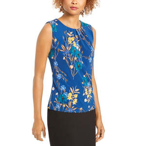 Top da Donna Calvin Klein con Stampa Floreale e Collo Plissettato, Blu, Taglia X-Large, Logo Ricamato, Pizzo Vintage, Estivo, in Maglia di Poliestere e Rete - Product Image 1