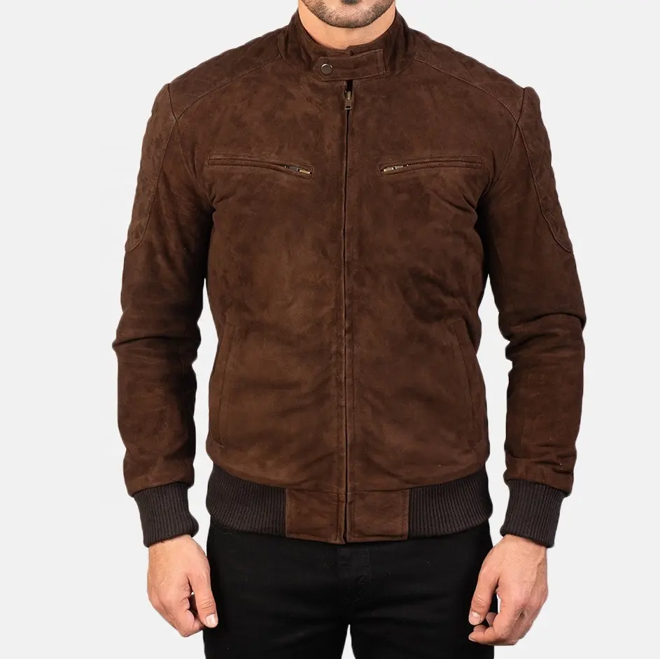 Dark Brown Suede leather bomber jacket/OEM custom brown suede leather jacket/2022 Wholesale Classic suede leather jacket