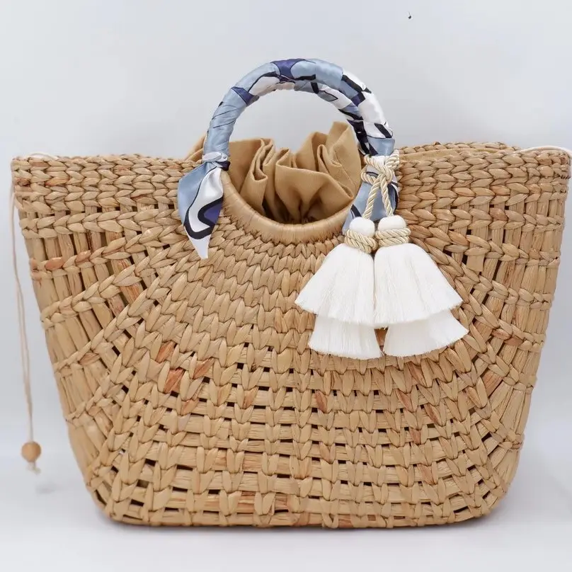 Grosir tas pantai besar hyacinth air, hadiah pantai pengiring pengantin, tas pantai jerami untuk wanita