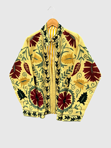 Veste en velours jaune brodée, manches longues, motif géométrique, broderie à la main, vêtements d'automne pour adultes - Product Image 3