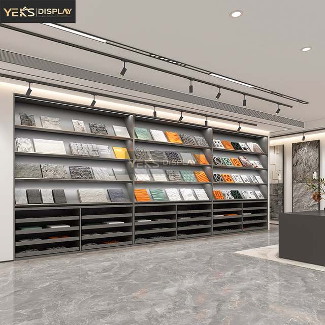 Modern Eco-Friendly Tile Display Cabinet Drawer Type Metal Storage Rack with LED Lighting Showroom Sample Stand
