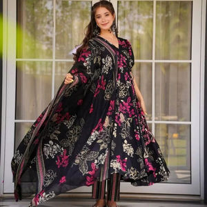 Muselina Digital Impreso Totalmente Acampanado Vestido Sin Mangas Diseño A Juego Georgette Dupatta para Bodas Fiestas Ocasiones-Reversible - Product Image 2