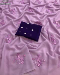 Elegante Sari de Georgette Sintética para Mujer Adulta con Diseño Floral Bordado y Lentejuelas, Ropa India Pakistaní - Product Image 1