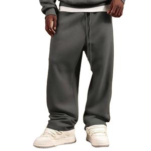 Pantalones de chándal de gran tamaño lavados para hombre, color gris liso, con cordón, cintura elástica, pierna ancha, ajuste relajado, pantalones de chándal de lana de gama alta - Product Image 1
