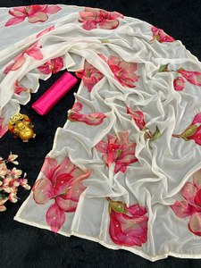 Diseñador exclusivo Atractivo y brillante Color Fancy Floral Printed Tabby Organza Silk Rutine Wear & Party Wear Ladies Saree - Product Image 3