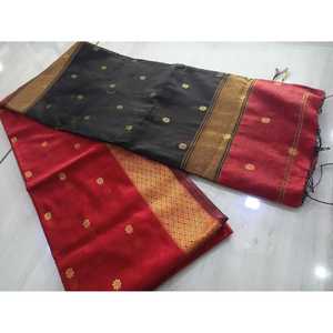 <b>Black</b> Silk Cotton Saree with Red Border and Floral Motifs <b>Shawl</b> - Product Image 1