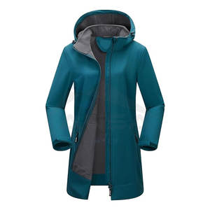 Women Softshell Hiking Jacket <b>Long</b> Fleece Lined Windproof Insulated Rain Jacket with Hood Blue - Product Image 1
