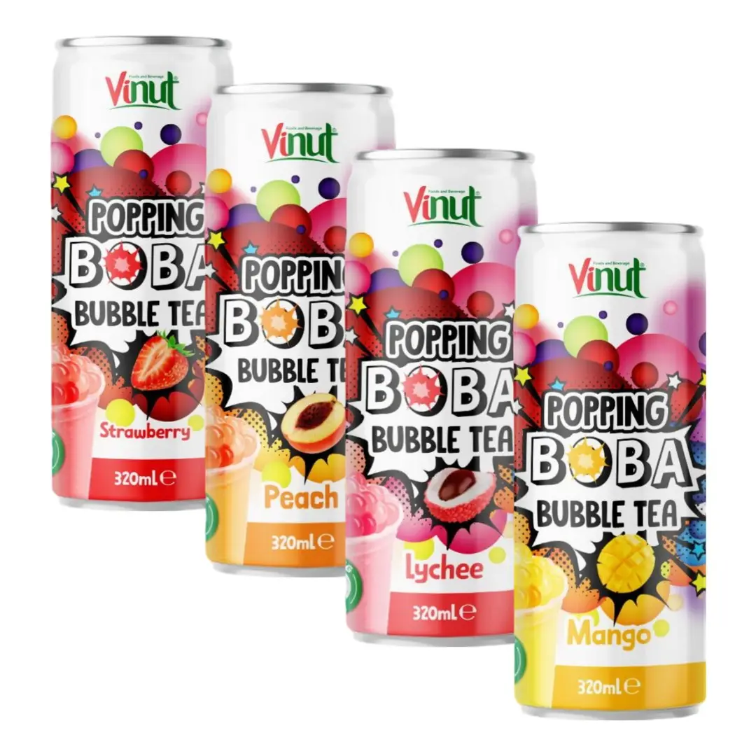 Popping Boba Bubble Tea-W/Aardbei, Lychee, Perzik, Mangosap, Low Calorie & Low Sugar Dranken, Vinut 320Ml (24 Pack)
