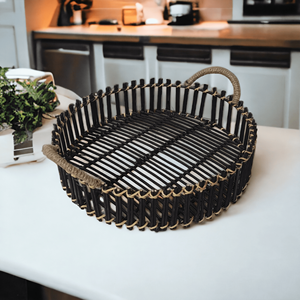 <b>Round</b> Trendy Black Display Serving <b>Wicker</b> Metal Tray with Handle Rattan Hand-woven Factory Price Tabletop Eco-friendly Household - Product Image 3