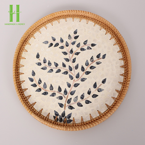 Bandeja redonda de bambú Vintage rústica Bohemia ecológica hecha a mano de alta calidad, incrustaciones de nácar, uso de cocina, decoración del hogar, Vietnam - Product Image 3