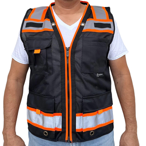 Chaleco de Seguridad Reflectante de Alta Visibilidad Negro y Naranja, Transpirable, con Cierre, Múltiples Bolsillos, Uniforme de Guardia de Seguridad, Ropa de Trabajo de Poliéster - Product Image 1