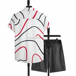 ชุดเซ็ตเสื้อผ้าผู้ชายพิมพ์ลายตามสั่ง OEM - ลายคลื่นสีขาว แดง ดำ ชุดฤดูร้อน 2 ชิ้น - Product Image 6