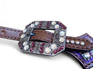 Ensemble de serre-tête et de collier de poitrine en cuir de vachette violet: Lavage à l'acide métallique argenté - Product Image 5