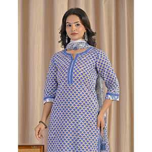 Conjunto Casual de Kurta y Pantalón de Algodón Beige con Estampado a Mano - Product Image 1