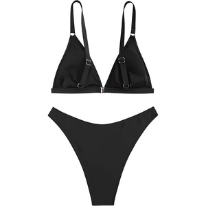 Ensemble bikini deux pièces noir pour femme, haut triangle et bas string, en Spandex et Nylon, style simple, coupe extensible - Product Image 1