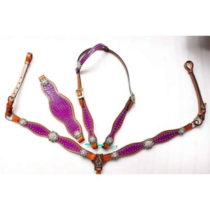 Western Leather One Ear Horse Headstall & Breast Collar Set Purple Crocodile Inlay Rhinestone Conchos <b>Studded</b> Western Tack Gear - Product Image 1