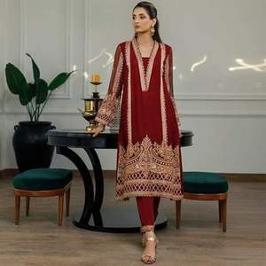Party Wear Indian/Pakistani Floral Print Chiffon A-Line <b>Indie</b> Folk Maroon Kurta Pant Dress Crystal Beads Stonedabka Work Button - Product Image 2