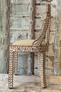 Chaise berçante traditionnelle avec incrustation d'os, moderne, esthétique, faite à la main, avec cadre en bois massif et couverture en lin pour le salon - Product Image 5