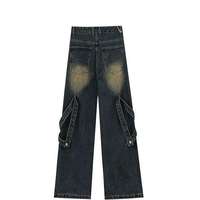Jeans de mezclilla vintage de cintura media con logo personalizado, efecto levantacola, estilo urbano, hip hop, impermeables, desgastados, con lavado a la piedra y bordados.