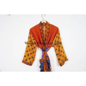 Vintage Recycled <b>Silk</b> Floral Summer <b>Kimono</b> Robe Breathable Drawstring Closure Indian Sari Gift for Women Sleepwear Bridesmaid - Product Image 2